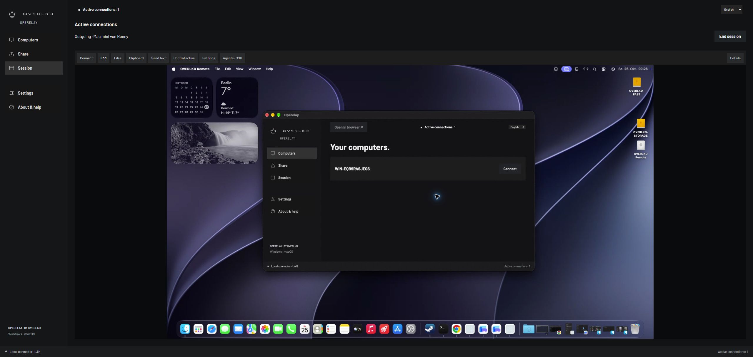 Echter Windows-Browser steuert einen Mac-Desktop mit macOS-Menü, Dock und Operelay in einem normalen Fenster.